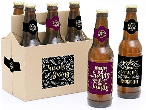 Big Dot of Happiness Elegant Thankful for Friends - Friendsgiving Thanksgiving Party Decorations for Women and Men - 6 Beer Bottle Label Stickers and 1 Carrier
