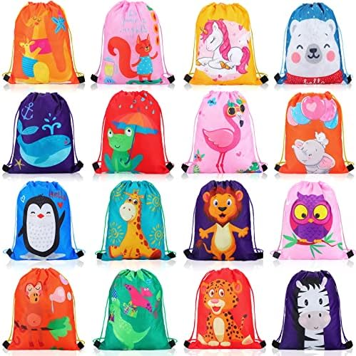 Shappy 16 Pack Drawstring Party Favors Bags Cartoon Animal Candy Goodie Drawstring Bags for Boys Birthday Kids Gift Bags Return Gift Bags for Kids Boys Girls Birthday Party Supplies