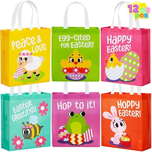 JOYIN 12 Pcs Gift Bags with Handles for Kids, Easter Non Woven Tote Goodie Bags Candy Bags Party Treat Bags for Easter Egg Hunt, Easter Kids Party Favor Supplies