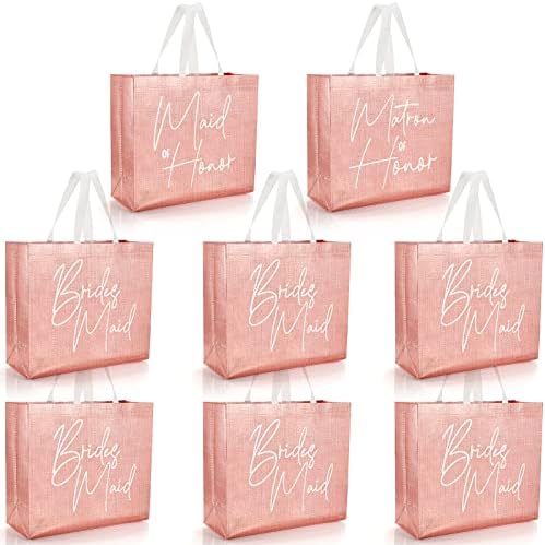 8 Pcs Bridesmaid Gift Bags Non-woven Reusable Gift Bags With Glossy Finish Wedding Welcome Bag with Handle Maid of Honor Matron of Honor Bags for Bridal Shower Engagement Bachelorette Party (Pink)