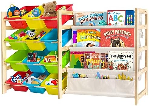 EXPERLAM Kids Toy Storage Organizer with Bookshelf - 12 Storage Bins 4-Tier Multipurpose Shelf to Organize Toys and Books for Kids Room, Playroom, Nursery Room