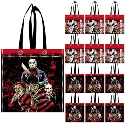 12 Pcs Horror Themed Party Favor Bags, Reusable Non-Woven Halloween Birthday Gift Tote Bags, Scary Horrible Movie Themed Goodie Treat Candy Bags for Halloween Party Horror Movie Party Decorations